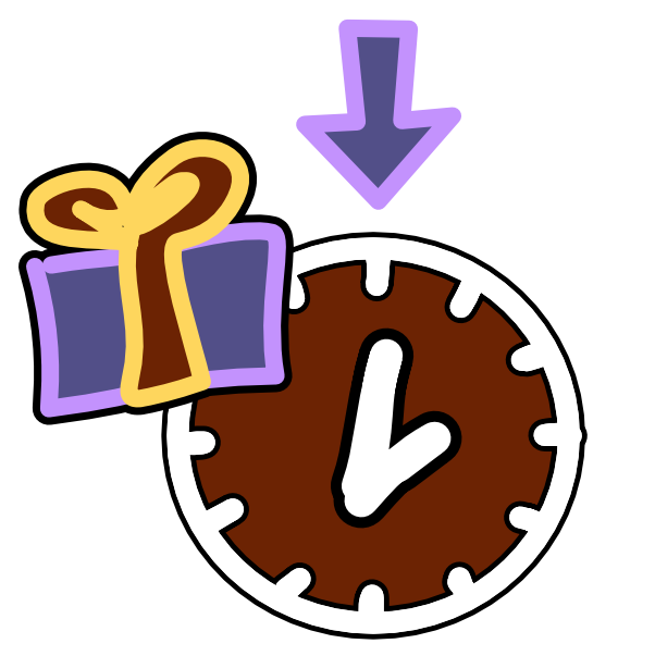 An off white clock has a small purple arrow pointing down at it. Overlapping with the clock at the top left of the image is a purple gift box with a yellow ribbon. The image has dark line art 